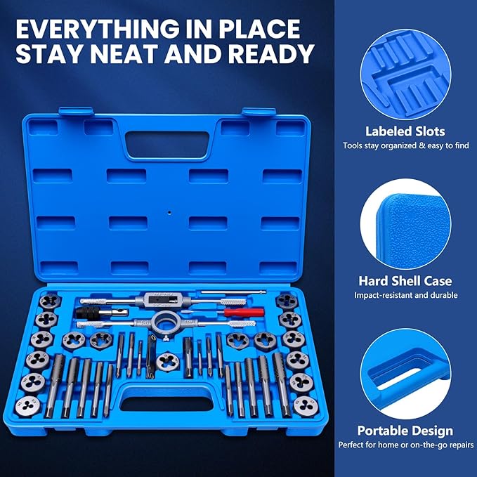 40 PCS Metric Tap and Die Set, Standard Metric Threading Tool Kit for Internal and External Threads, Tap & Die Set with Wrenches for Automotive, DIY, and Metal Repair
