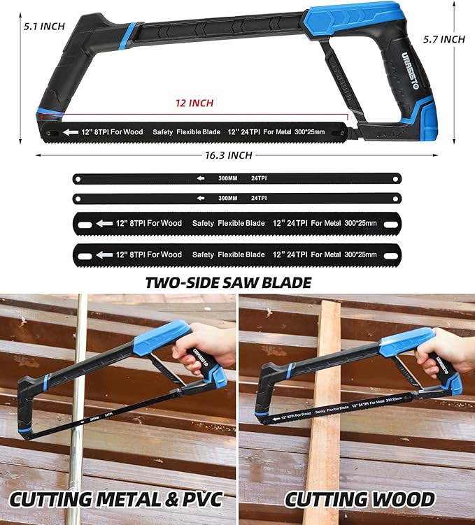 Hacksaw Frame Set, 12“ Hacksaw Frame, 6'' Hacksaw Frame and 10'' Mini Hacksaw, Including 8pc Extra Blades Multi-function for Metal Wood PVC Pipes
