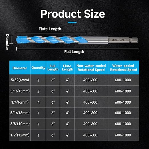 10PCS 5/32"-3/8" Masonry Concrete Drill Bit Set,Tungsten Carbide Drill Bit Tip, Hex Shank Drill Bit Set for Cement,Tile,Brick,Marble,Plastic,Wood,Glass etc.