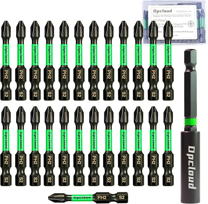 Impact #2 Phillips Screwdriver Bit Set, 26 Pieces 2?쒾2 Steel Magnetic PH2 Tips Driver Power Bit Set with Extension Impact Bit Holder