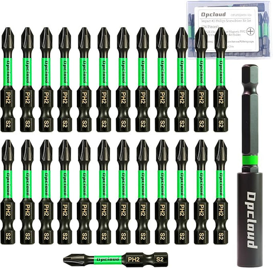 Impact #2 Phillips Screwdriver Bit Set, 26 Pieces 2?쒾2 Steel Magnetic PH2 Tips Driver Power Bit Set with Extension Impact Bit Holder
