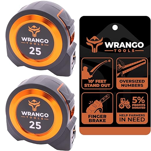 Wrango Tools 25 FT Tape Measure - Retractable Measuring Tape - Oversized & Double-Sided Print - Blade Lock, Finger Brake - Nylon Coating, 10' Stand-Out - 13' Reach / 1-1/16" Blade - 2 Pack