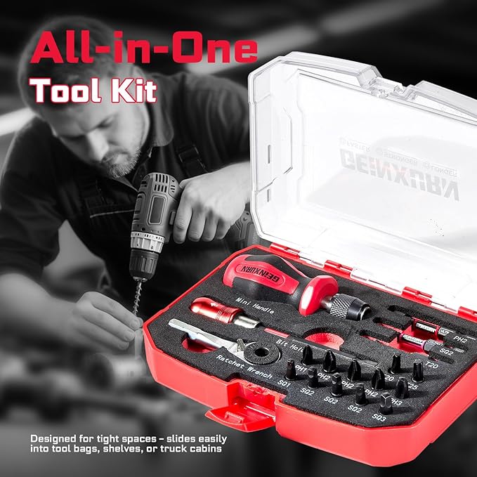 18 Pieces Tool Kit with Matching Storage Box, Include 1??2??S2 Steel Magnetic Screwdriver Bits (Phillips/Square/Torx), Mini Bit Handle, Mini Rachet Wrench, Bit Holder for Home Repairs