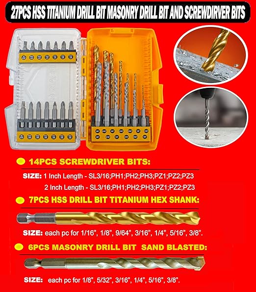 27Pcs Set Masonry Drill Bit HSS Titanium Coated Drill Bit and Screwdriver Bits Drill Metal Steel Mason Concrete Stone