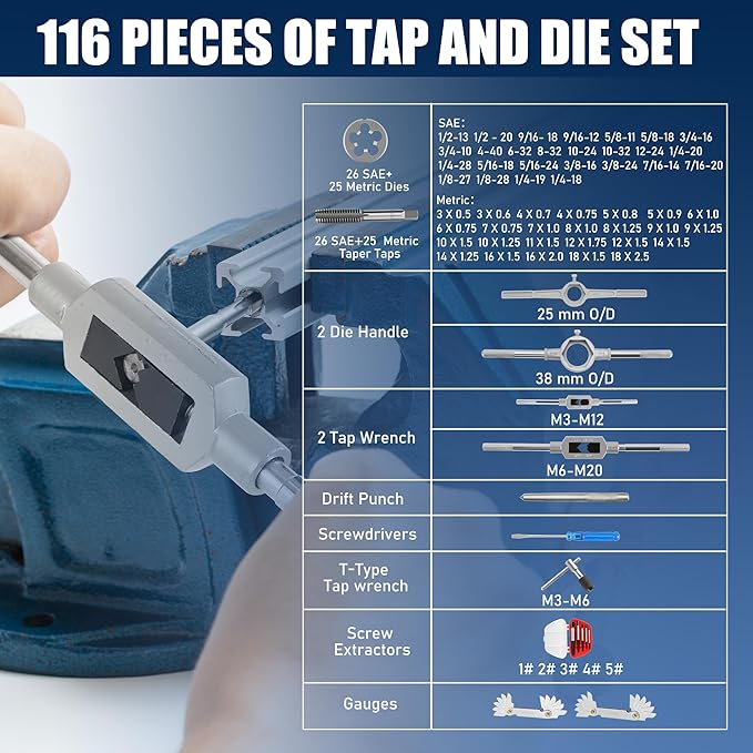 Anfrere 116pcs Tap and Die Set in SAE & Metric Sizes, Standard Tap Set and Die Tool Set for Threading and Rethreading Internal and External Threads, M3-M18 Thread Repair Kit