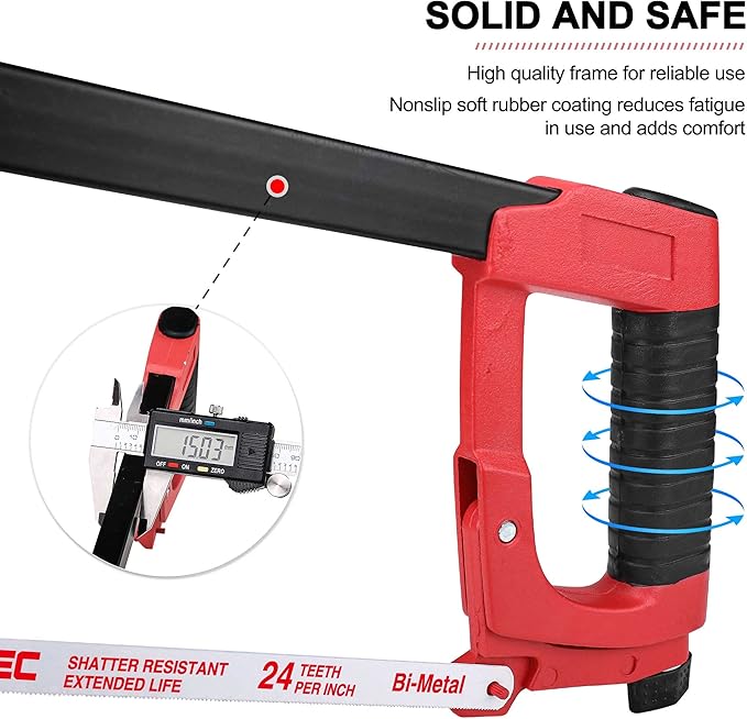 HAUTMEC 12-Inch Adjustable Tension Hacksaw with Blade Storage, 45°/90° Cutting Angles, High Tension Steel Frame & 24 TPI Bi-Metal Blade for Metal, PVC, Wood – HT0015