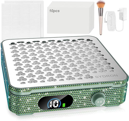 Nail Dust Collector | 1000PA Gel Nail Dust Collector | 10 Speed Levels | Low Noise & Strong Suction | Reusable Filter, 10 Pads + Nail Dust Brush | for Acrylic Nails, Salon & Home - Dark Green Diamond