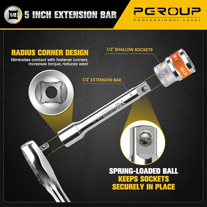 20 PCS 1/2" Drive Metric Socket Wrench Set,1/2 Reversible Ratchet Handle竊? Point Shallow Sockets (8-32mm) and Extension Bar 5", CR-V Steel, Car Repair Set