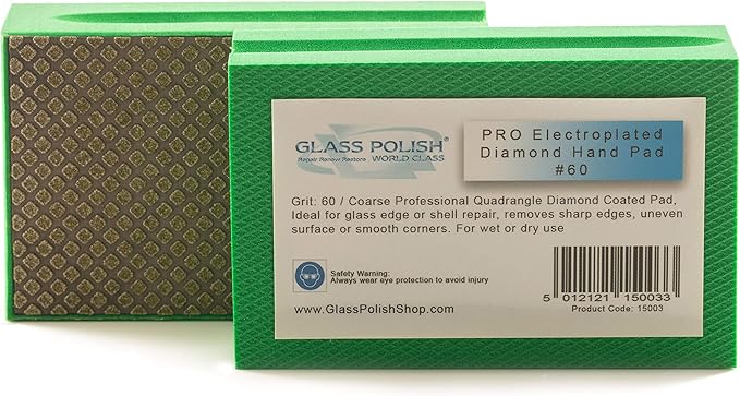 GLASS POLISH PRO Diamond Hand Polishing Pad, Grit 60 Very Coarse Foam Sanding Block for Quick Stock Removal and Grinding of Glass, Tiles, Ceramics, Concrete, Granite, Marble, and More - GP15003