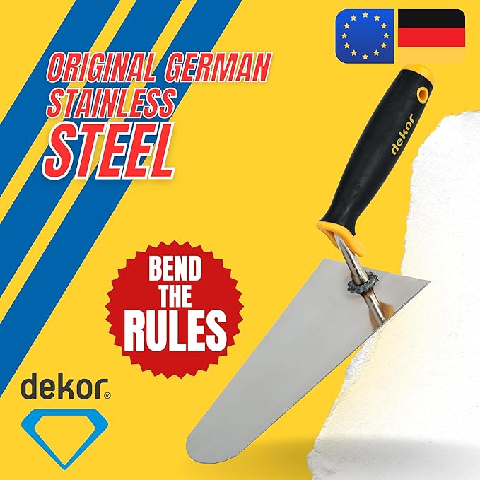 DEKOR Plaster and Brick Trowel - Size 8" - German Stainless Steel Ensures Rust-Free Performance for Masonry Tools, Bricklaying, Plastering - Commercial and DIY Use - Made in Europe - Soft Grip