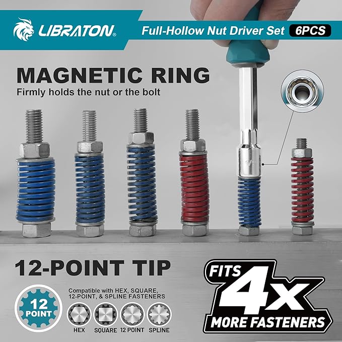 LIBRATON Full-Hollow Nut Driver Set SAE, 12-Point Magnetic Nut Drivers, Hollow Shaft for Long Bolts, 6PCS Heavy Duty Magnetic Nut Drivers with Through-Handle, 1/4, 5/16, 11/32, 3/8, 7/16, 1/2Inch