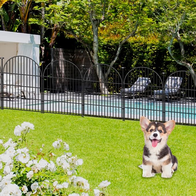 Tall Garden Fence Animal Barrier, 32 in(H) x8.8 Ft(L) 4 Panels Garden Fence with Gate, Dog Fence Outdoor for Yard, Arched Rustproof Metal No Dig Fences for Dogs, Flower Bed Fencing