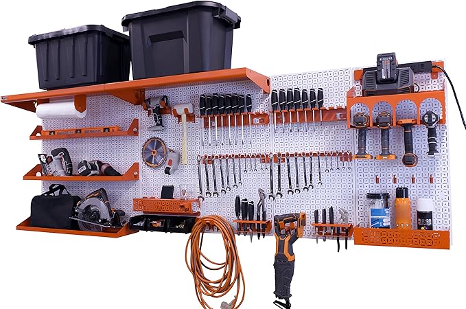 OmniWall Weekend Warrior Ultimate Tool Kit-96" x 32" Metal Pegboard Wall Storage System White/Orange