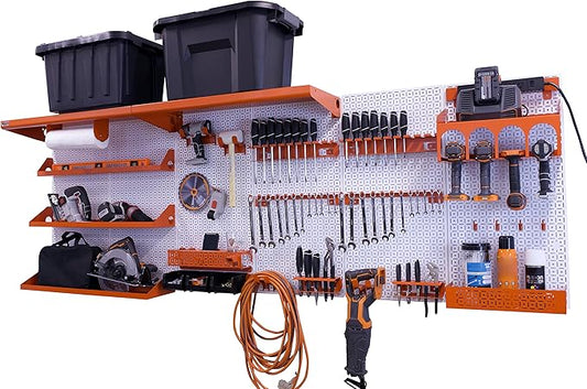 OmniWall Weekend Warrior Ultimate Tool Kit-96" x 32" Metal Pegboard Wall Storage System White/Orange
