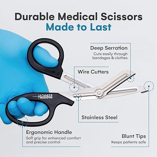 Madison Supply Medical Scissors, EMT and Trauma Shears - 7.5 Inch Premium Quality Stainless Steel Bandage Scissors - Fluoride-Coated with Non-Stick Blades - 1 Pack (Black/Stainless)