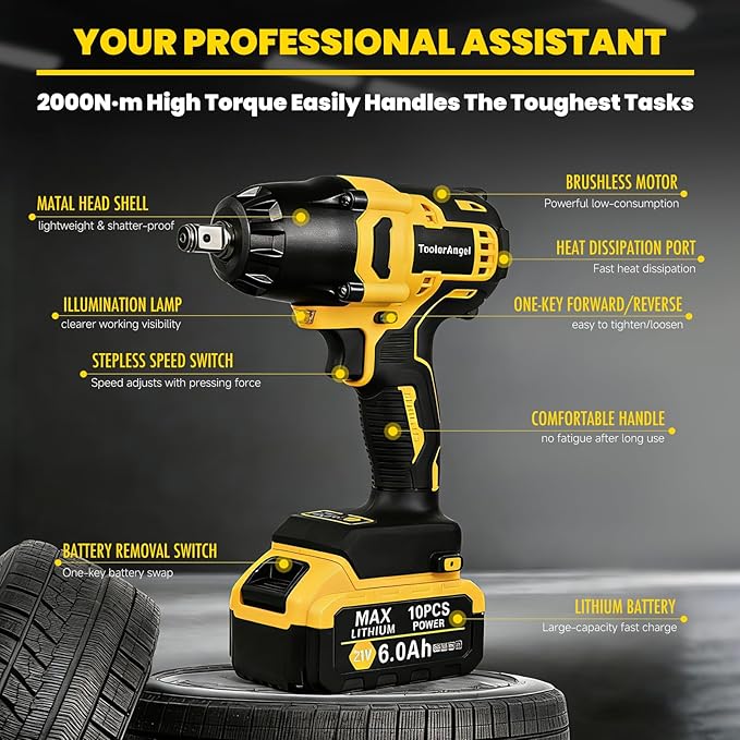 1/2 inch Impact Wrench Cordless, (1000 N.m) 737 Ft-lbs Hight Torque Wrench,20V Power Impact Driver, Brushless Motor 3300 RPM, 2x 6.0AH Li-ion Battery,Charger,6 Sockets