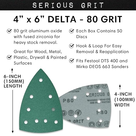 Serious Grit - 80 Grit 4" x 6" Delta (100mm x 150mm) Triangle Sanding Sheets - Fits Festool DTS 400 & Mirka DEOS Delta Sanders - Heavy-Duty Hook & Loop Film Sandpaper for Detail Sanders - 50 Pack Box