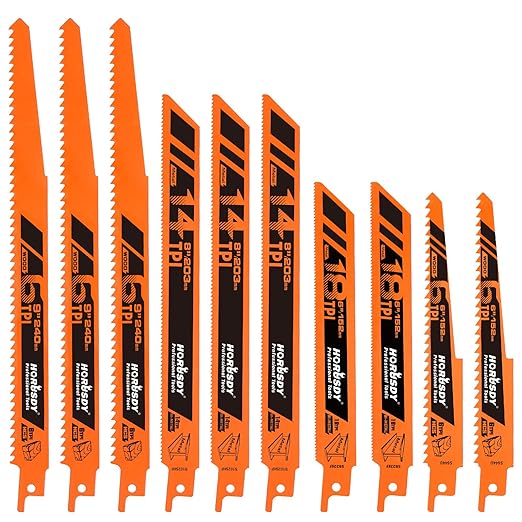 HORUSDY 10-Piece Reciprocating Saw Blades Set with Storage Case, 6" 8" & 9" Wood & Metal Cutting Blades, Bi-Metal and High Carbon Steel Saw Blades for Fast, Clean, and Durable Cutting
