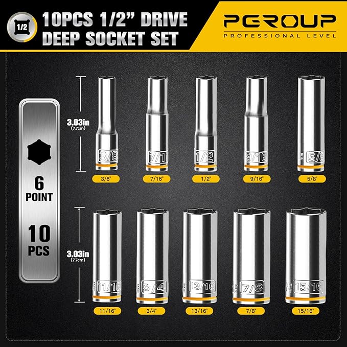 10PCS 1/2??Drive Deep Socket Set, SAE (3/8"-15/16"), 6-Point, Cr-V Steel, Chrome Plated Socket With Hanging Bracket, Cover Most Commonly Sizes