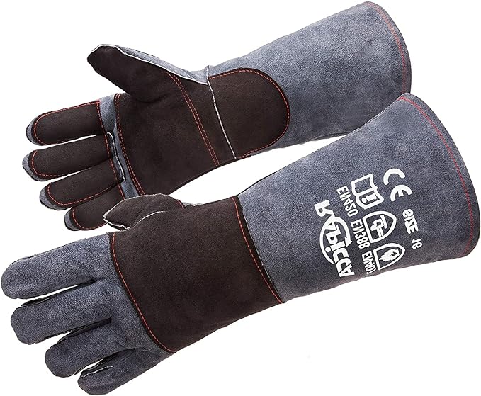 Fireplace Gloves Fire Heat Resistant: Dark-Grey 16IN 932??- Fireproof Leather for Fireplace Fire Pit Wood Stove Campfire Furnace BBQ Grill Oven Stick Mig Welding Welder Gear - Birthday Gift XL