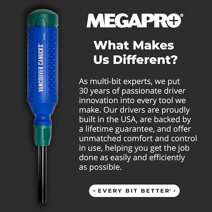 MEGAPRO짰 NHL짰 Team Edition Multi-bit Screwdriver | Officially Licensed NHL짰 Gear | Durable, Ergonomic, Pro-Grade Screwdriver (Vancouver Canucks짰)