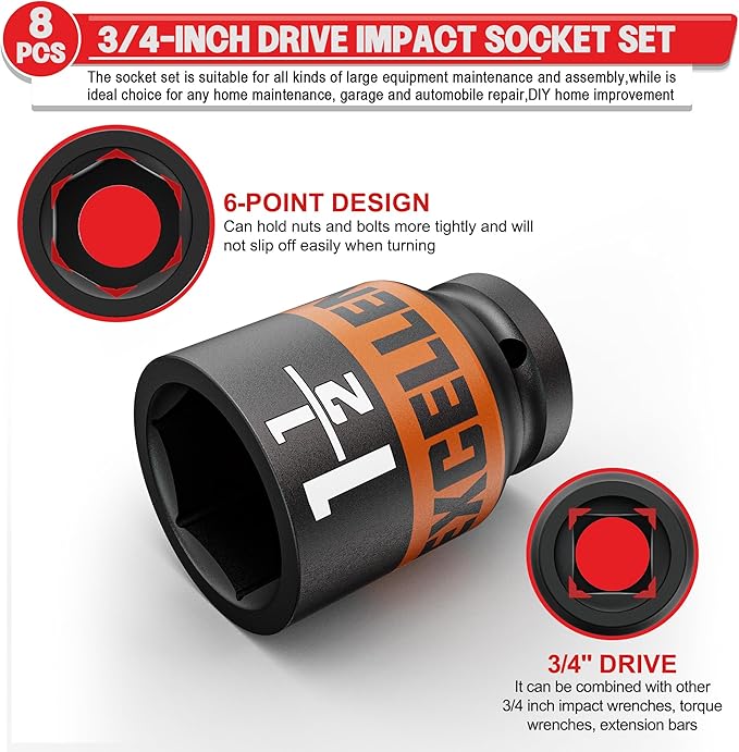 8 Pieces 3/4-Inch Drive Impact Socket Set, 1" to 1-1/2" Jumbo Socket, 6 Point SAE Sockets for Automotive Repair, Equipment Maintenance