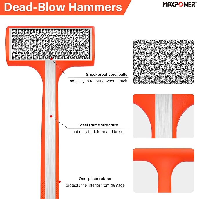MAXPOWER Dead Blow Hammer, 4LB Dead Blow Mallet with Checkered Grip Handle, Spark and Rebound Resistant Orange Deadblow Hammer