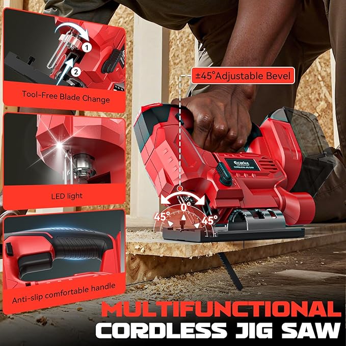 Ecarke Cordless Jig Saw Compatible With Milwaukee 18V Battery (Only Tool), 4 Orbital Sets, 6 Variable Speeds Control, Dust-Blowing, ±45° Bevel Cuts, LED Light and 6PCS Blades For Cutting