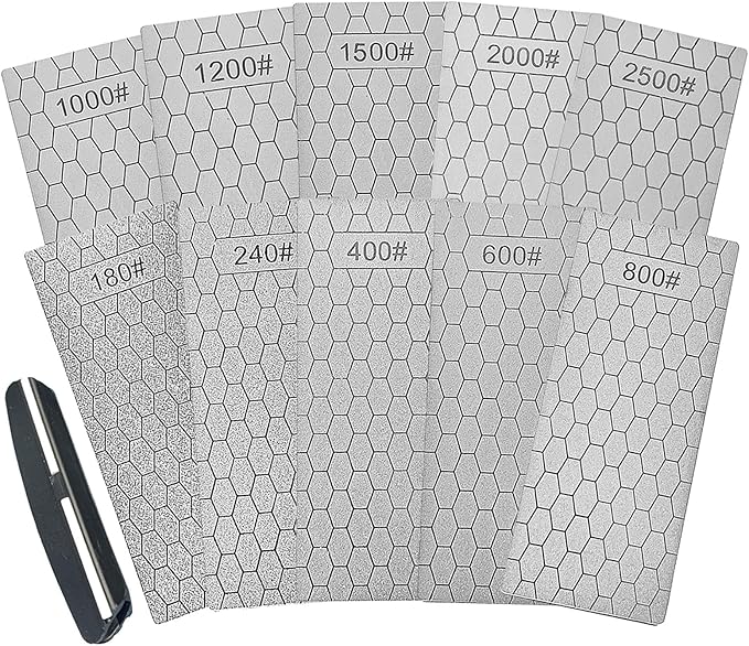 Diamond Sharpening Stone Set,10 Pcs Diamond Lapping Plate Coarse/Medium/Fine Grit Sharpener, 180/240/400/600/800/1000/1200/1500/2000+2500 Grit, Perfect Assistance Sharpener Angle Guide