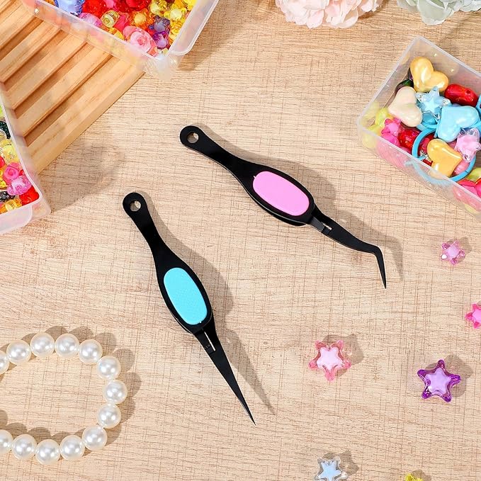 2PCS Stainless Steel Reverse Tweezers for Crafts, False Eyelashes Precision Jewelry Tweezers for Stickers, Beading Bracelet Making Art