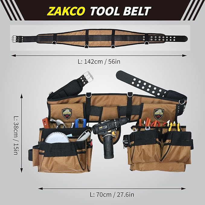 ZAKCO Professional 1680D Polyester Tool Belt with Suspender, Strudy Tool Belt for Carpenters, Framers, Electricians, Plumbers, Hanyman & DIY (Khaki, Full Size)