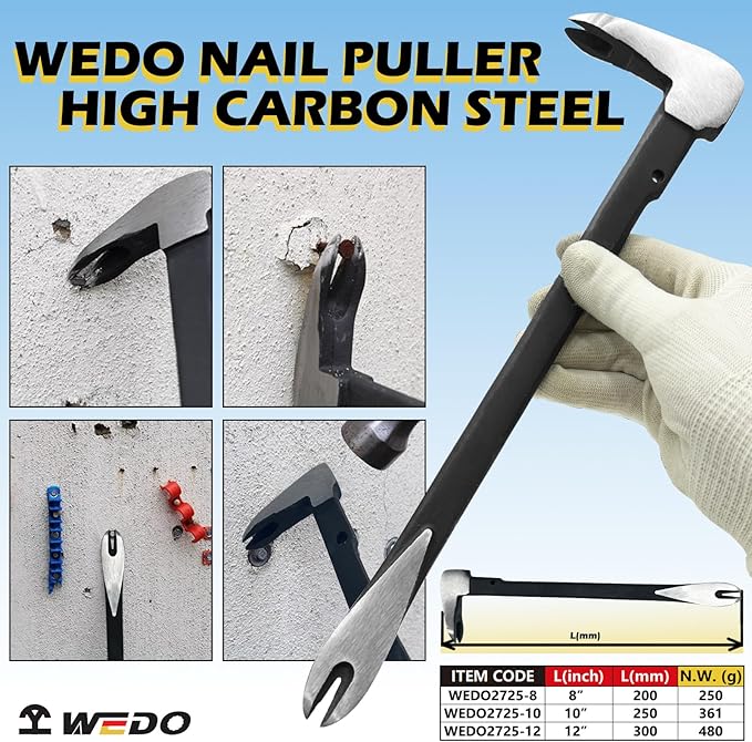 WEDO Pry Bar,10" Nail Puller,High Carbon Steel Crowbar,Flat Pry Bar,Cat Paw Nail Remover,Length 250mm,Utility Claw Bar Tool for Home Remolding,Woodworking