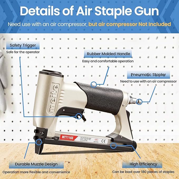 meite MT7116S Pneumatic Upholstery Stapler 22 Gauge 71 Series 3/8" Crown Industrial Fine Wire Stapler with Safety