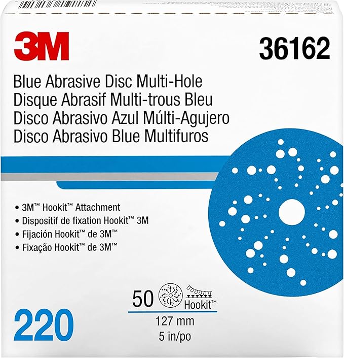 Hookit 3M Blue Abrasive Disc Multi-Hole, 36162, 5 in, 220 Grade, 50 Discs per Carton