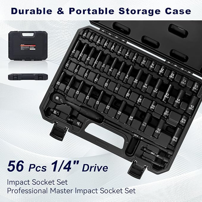 ALOANES 56 Pcs 1/4" Socket Set, SAE (5/32"-9/16") & Metric (4mm-15mm), Deep & Shallow, 72-Tooth Ratchet Wrench, Extension Bars, Universal Joint & Power Drill Adapter, 3/8" F to 1/4" M Reducer