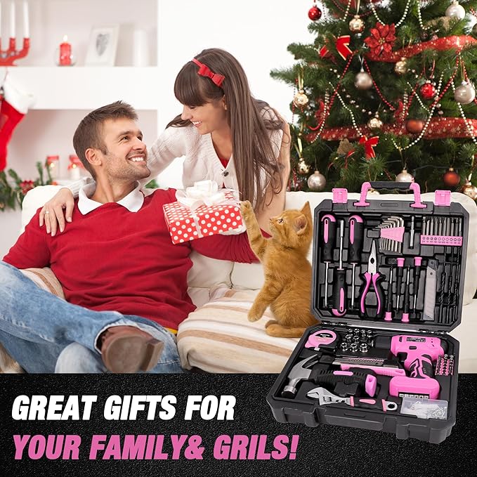 Pink Tool Set with 8V Cordless Drill, 158-Piece Home Repair Kit, General Household Hand Tools with Screwdriver, Pliers, Hammer, Wrench, knife, for women and men