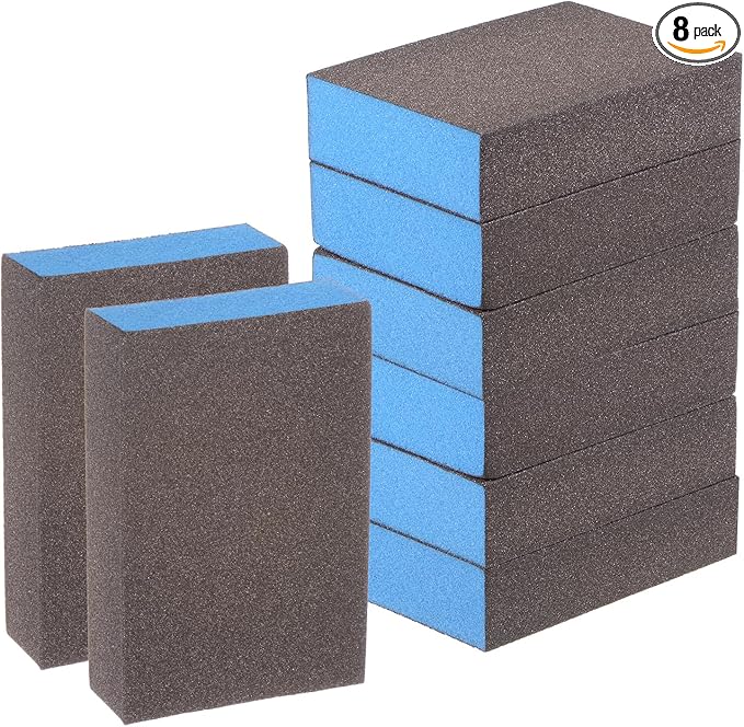 HARFINGTON 8pcs Sanding Sponge Blocks #180 (500-600 Grits) Wet/Dry Hand Sanding Sponges, 100x70x25mm Foam Sanding Block Pad for Polishing Kitchen Metal Wood Drywall Furniture, Brown&Blue