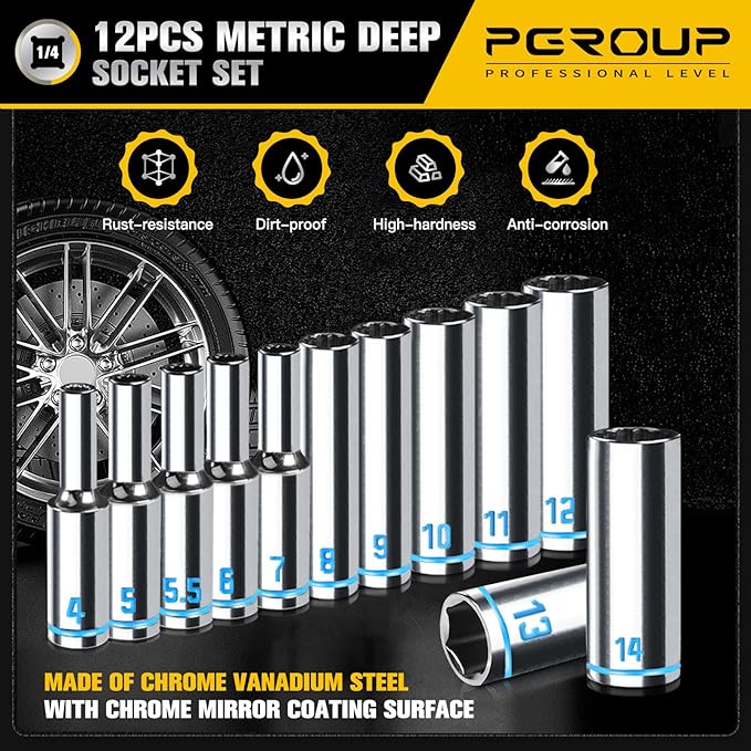 1/4" Drive Deep Socket Set, 12PCS Metric Socket Set (4-14mm), 12-Point Design, Blue Embossed Marking, Equipped with Storage Holder, Chrome Vanadium Steel