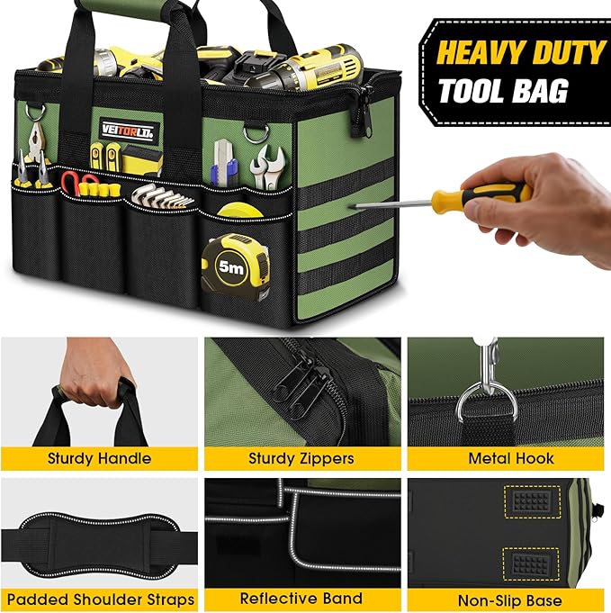 Heavy Duty Tool Bag 16-Inch - 19 Pockets Tool Organizer, Portable Electrician Toolbox W/Soft Handle, Gifts for Him Men Husband Boyfriend Mechanic Engineer Valentines Day, Wide Mouth Tool Box Storage