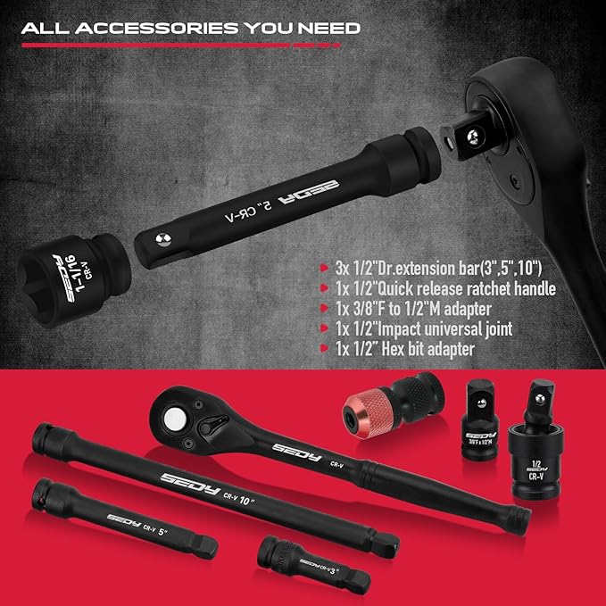 Master 1/2" Drive Impact Socket Set, 67-Piece Standard & Deep Master Impact Socket Set SAE 3/8"-1-1/4" & Metric 8-24mm Socket Set with Ratched Hand, Extension Bar, Reducer, Impact Universal Joint,Cr-V
