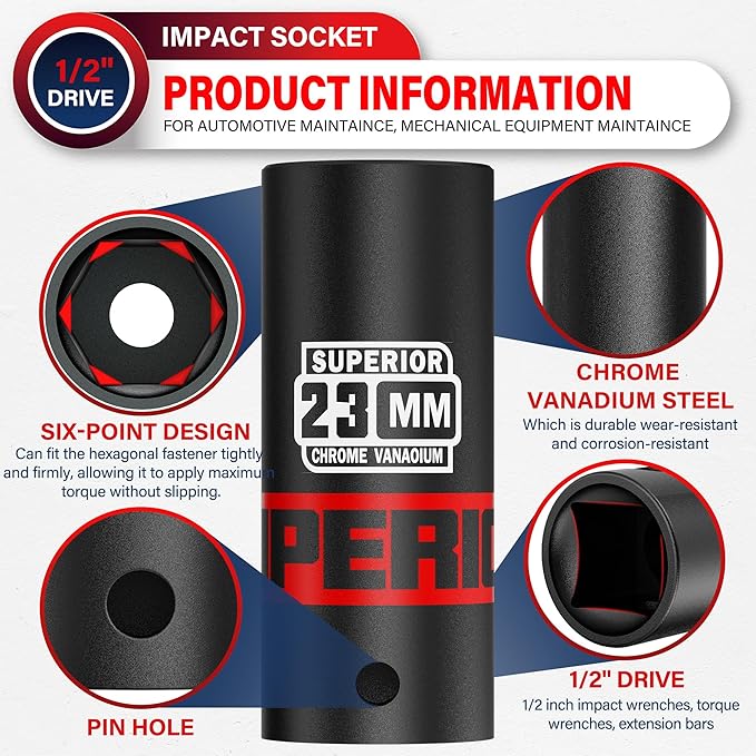 1/2" Drive Impact Socket, 23 mm Deep Socket, Metric, 6 Point, CR-V, for Automotive Maintaince, Mechanical Equipment Maintaince