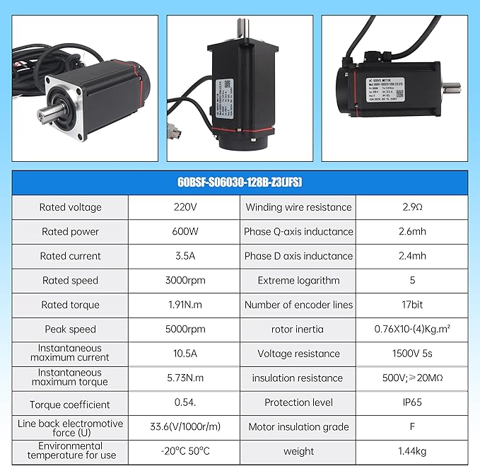 Without Brake 600W AC Servo Motor Kit, CNC 220V 3.5A 3000rpm L3000 17-bit Encoder RS485 Servo Motor Driver Controller Kit for CNC Engraver Milling Machine/Robot