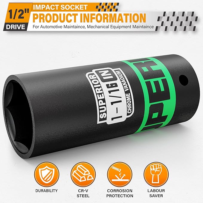 1/2" Drive Impact Socket, 1-1/16 inch Deep Socket, SAE, 6 Point, CR-V, for Car Repair, Loosen the Fastening Nut