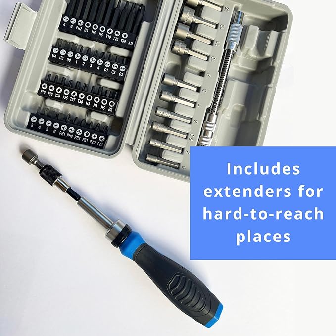 Apollo Tools 54-Piece Screwdriver & Nut Driver Bit Set ??Ratcheting Handle, Flexible Extension, Metric Nut Drivers, Specialty Bits for Household, Automotive, & Appliance Repairs, Blue/Gray DT9025