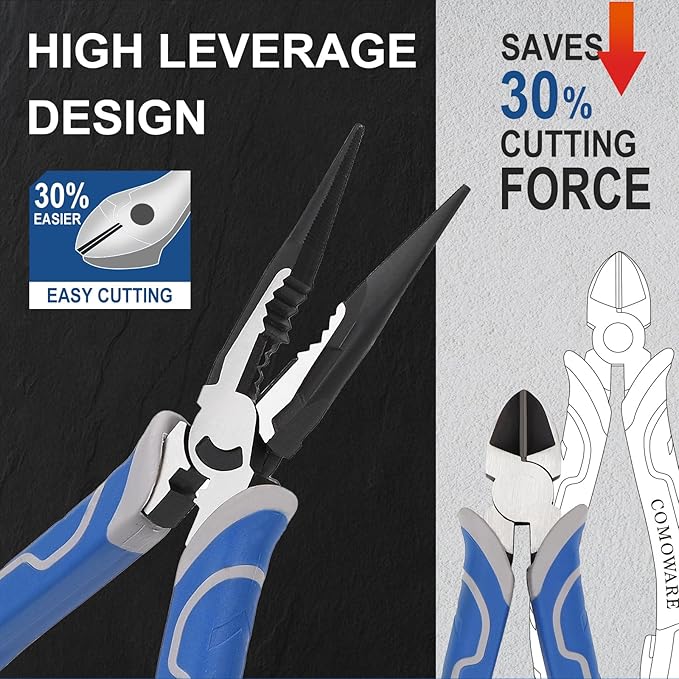 COMOWARE 8Pcs Pliers Set, 12", 10", 8" Groove Joint Pliers, 8" Adjustable Wrench, 8" Linesman, 6" Long Needle Nose, 6" Slip Joint, 6" Diagonal, Roll-Up Pouch Organizer, Rust-proof Black Oxide Coating
