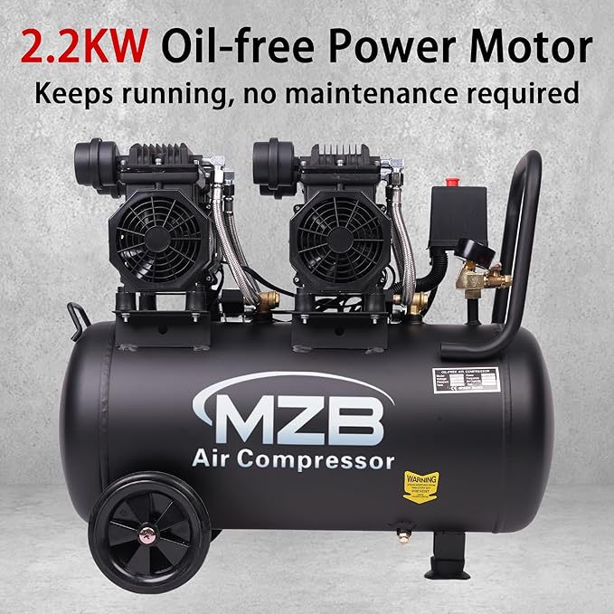 MZB 13.2 Gallon Ultra Quiet Air Compressor 115Psi Steel Tanks Oil Free Air Compressor Ideal for Tire Inflation Pneumatic Tool Spray Painting 72dB Noise Level