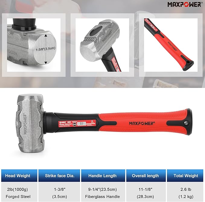 MAXPOWER 2LB Sledge Hammer, 9-1/4" Fiberglass Handle