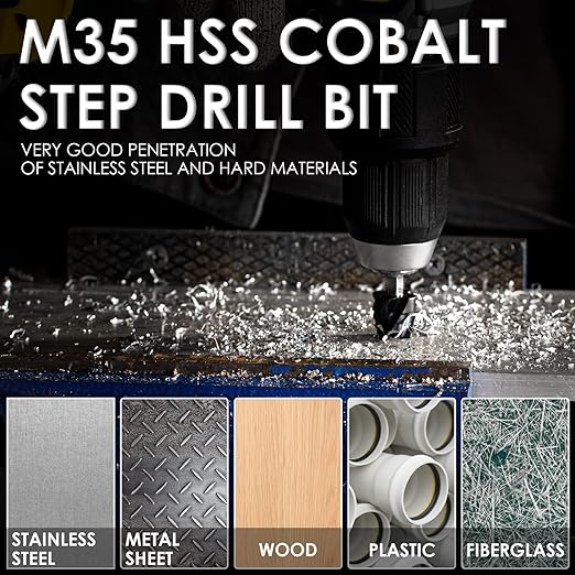 M35 Cobalt Step Drill Bit Set, Four Spiral Flute Unibit Step Drill Bits (1/8"-7/8") Wear-Resistant TiAlN Coated, 1/4" Hex Shank for Metal, Carbon Steel, Stainless Steel, Wood, Plastic (3Pcs)