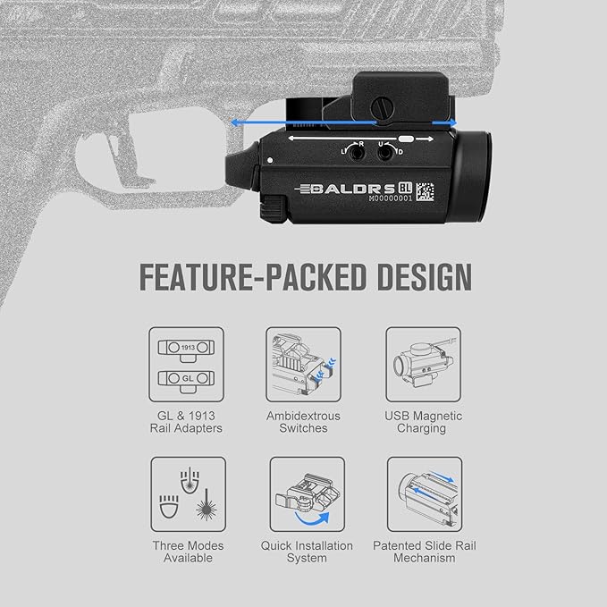 OLIGHT Baldr S Blue Beam 800 Lumens Magnetic USB Rechargeable Tactical Flashlight with White LED Combo, Compact Rail Mounted Light with 1913 or GL Rail, Battery Included (Black)