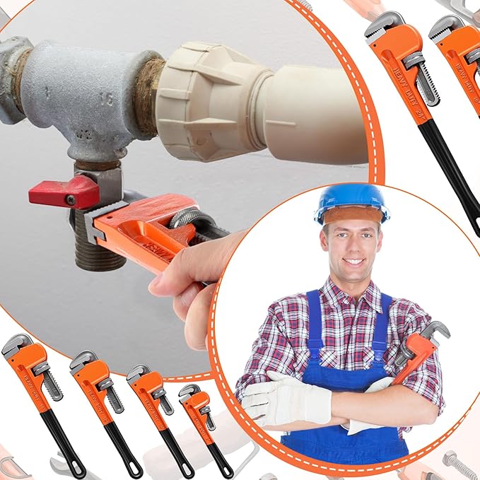 Lanties 6 Piece Heavy Duty Pipe Wrench Set - 8", 10", 12", 14", 18", 24", Adjustable Chrome Vanadium Steel Plumbing Wrench Set with Soft Handle & Gloves for Plumbers, Pipeline, Auto Repair(Orange)